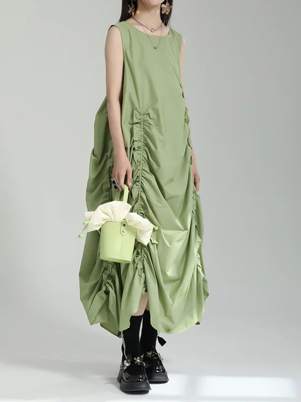 Irregular Clipping Loose Solid Color Round-Neck Midi Dresses - Image 8