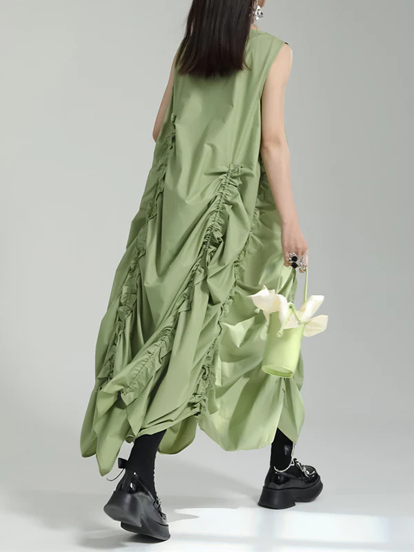 Irregular Clipping Loose Solid Color Round-Neck Midi Dresses - Image 9