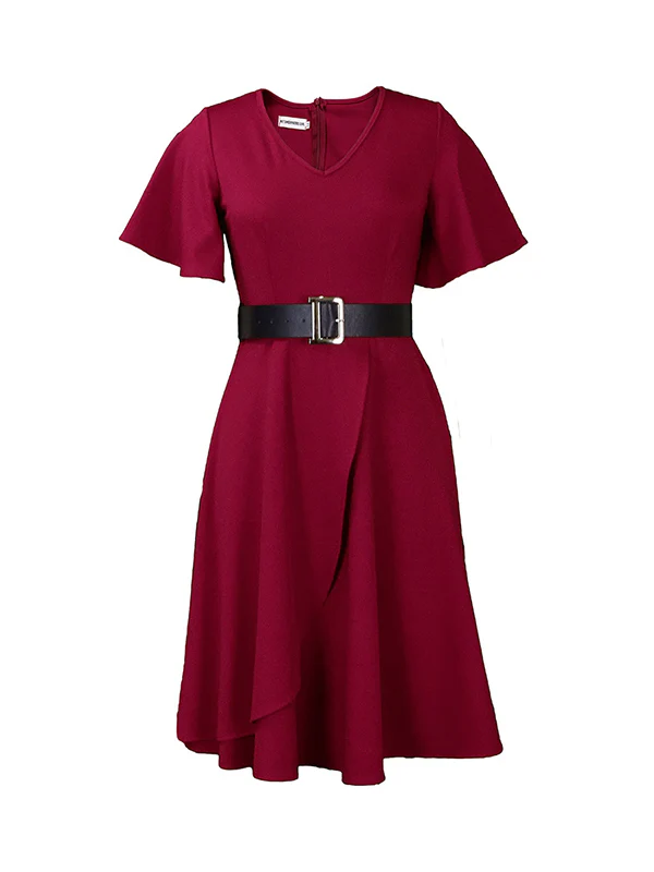 Irregular Clipping Plus Size Belted Solid Color Round-Neck Midi Dresses - Image 4