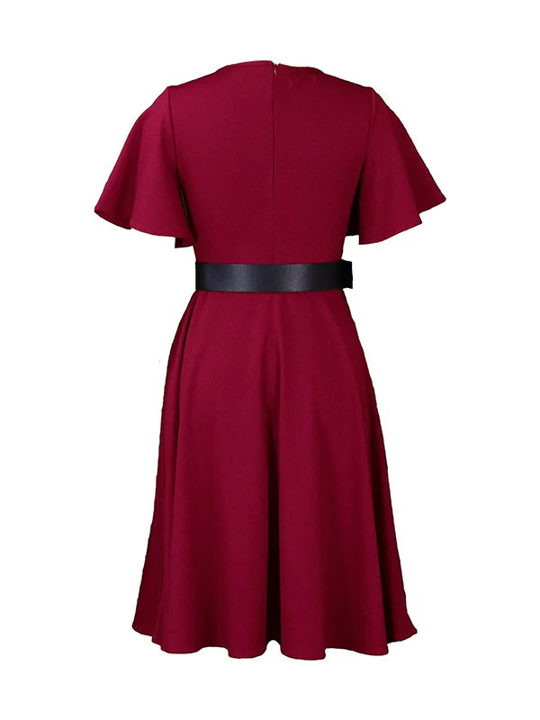 Irregular Clipping Plus Size Belted Solid Color Round-Neck Midi Dresses - Image 5