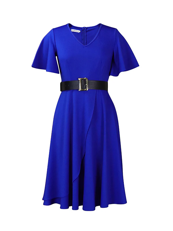 Irregular Clipping Plus Size Belted Solid Color Round-Neck Midi Dresses - Image 6