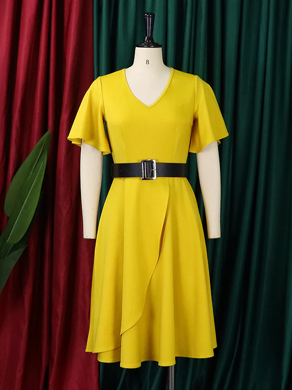 Irregular Clipping Plus Size Belted Solid Color Round-Neck Midi Dresses - Image 8