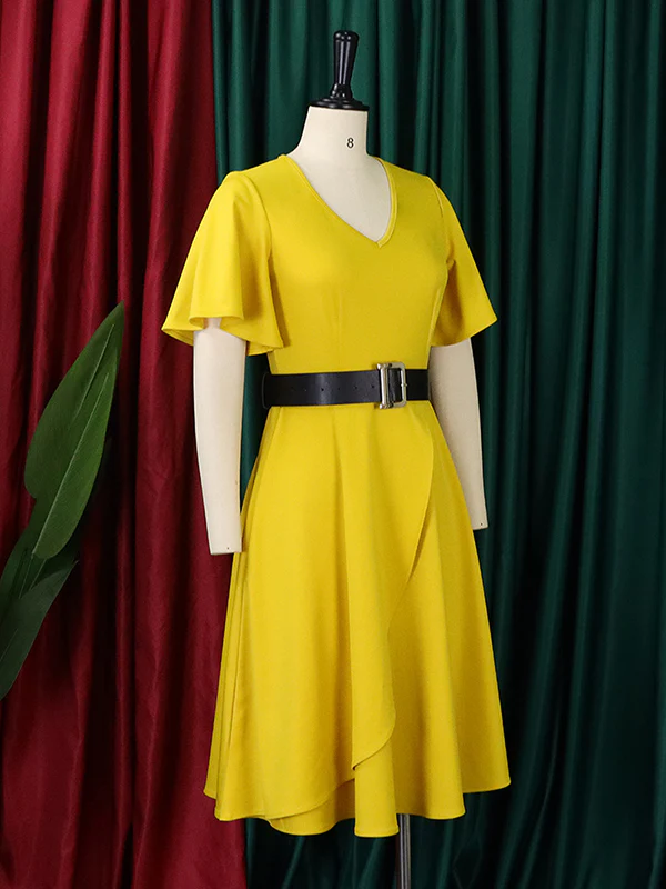 Irregular Clipping Plus Size Belted Solid Color Round-Neck Midi Dresses - Image 9