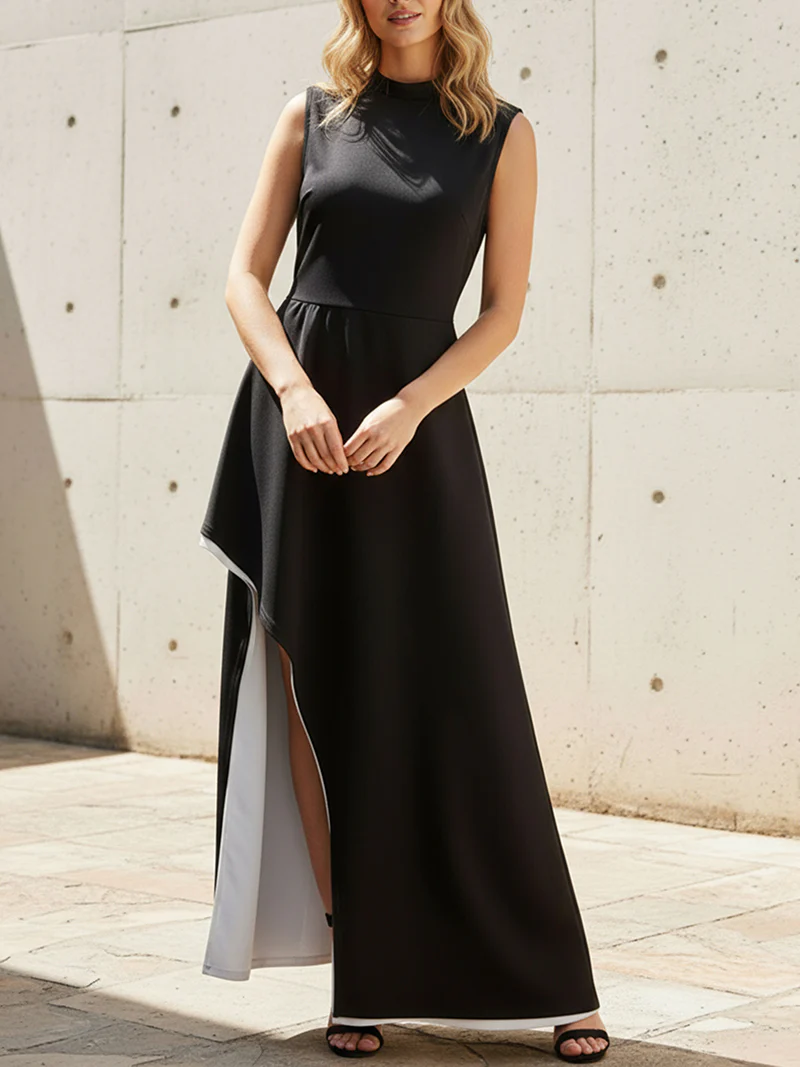 Irregular Clipping Skinny Contrast Color Round-Neck Maxi Dresses - Image 2