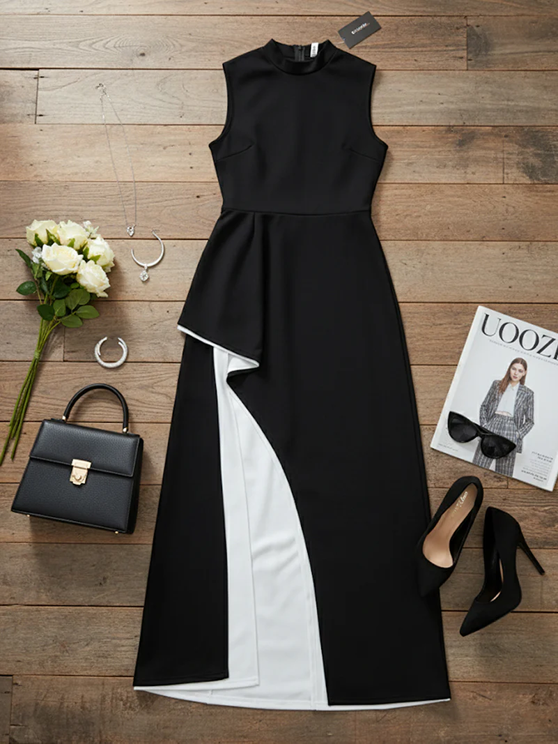 Irregular Clipping Skinny Contrast Color Round-Neck Maxi Dresses - Image 5