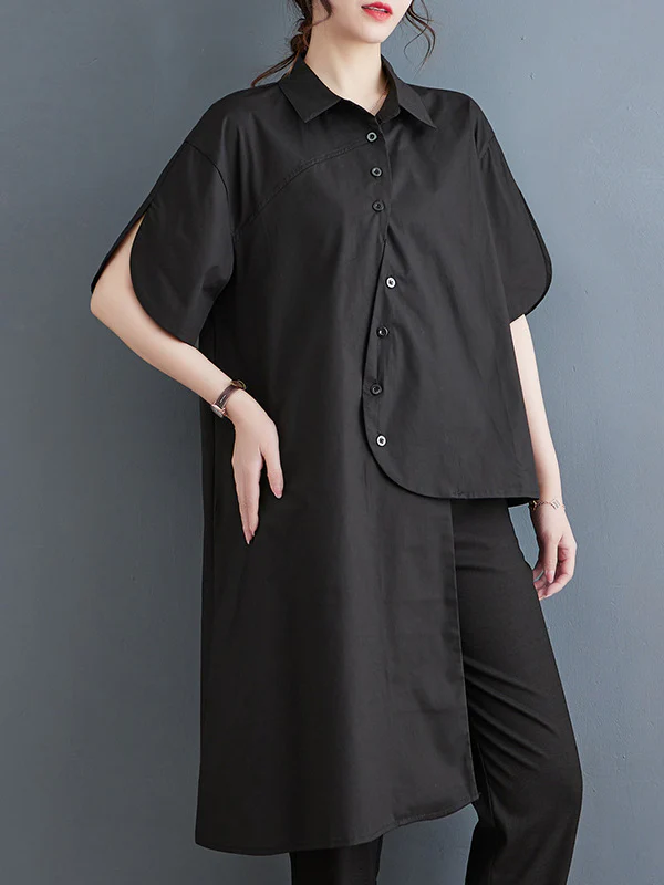 Irregular Clipping Solid Color Lapel Shirts Tops - Image 2