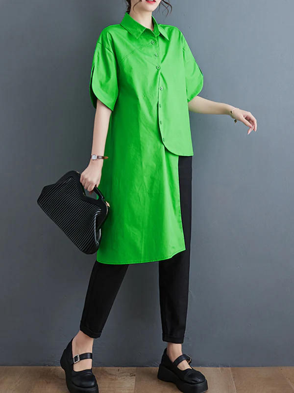 Irregular Clipping Solid Color Lapel Shirts Tops - Image 5