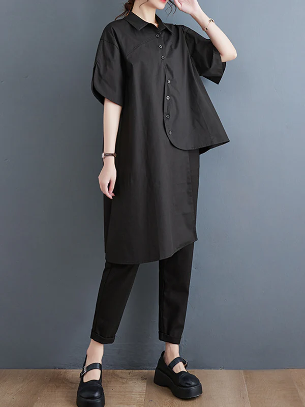 Irregular Clipping Solid Color Lapel Shirts Tops - Image 7