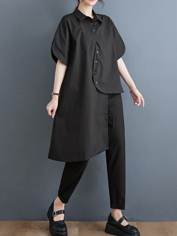 Irregular Clipping Solid Color Lapel Shirts Tops - Image 8