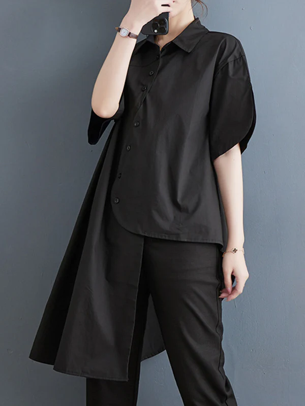 Irregular Clipping Solid Color Lapel Shirts Tops - Image 9