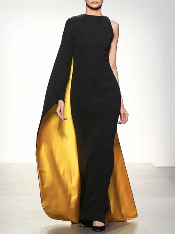 Irregularity Asymmetric Contrast Color Round-Neck Maxi Dresses