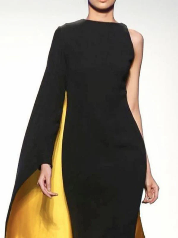 Irregularity Asymmetric Contrast Color Round-Neck Maxi Dresses - Image 2