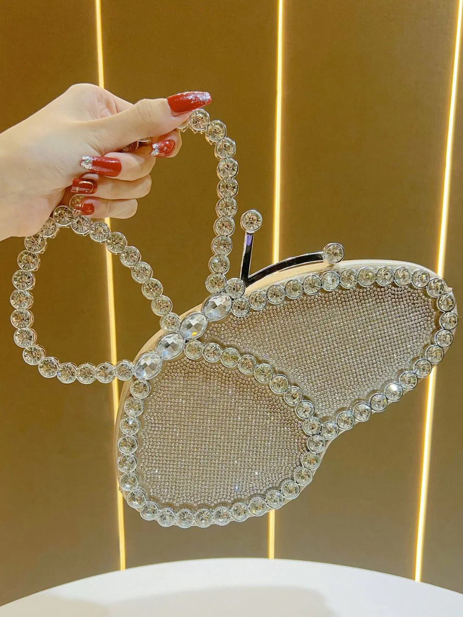Irregularity Bow-Embellished Rhine Stones Shiny Zipper Evening Bags & Clutches Mini Bags