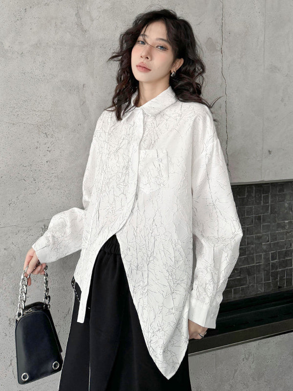 Irregularity Long Sleeves Abstract Printed Asymmetric Buttoned Wrinkled Lapel Blouses&Shirts Tops - Image 10