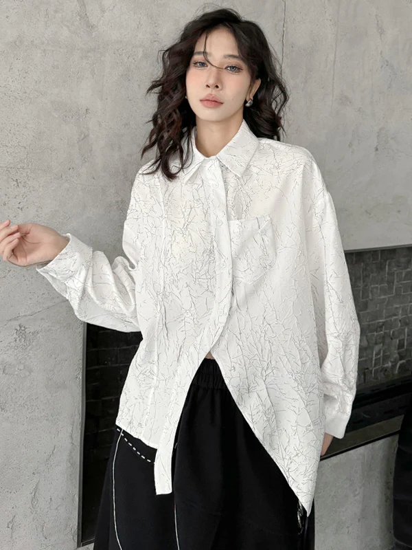 Irregularity Long Sleeves Abstract Printed Asymmetric Buttoned Wrinkled Lapel Blouses&Shirts Tops - Image 11