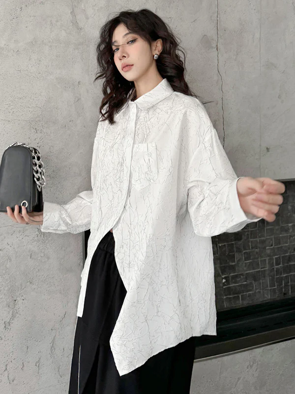 Irregularity Long Sleeves Abstract Printed Asymmetric Buttoned Wrinkled Lapel Blouses&Shirts Tops - Image 12