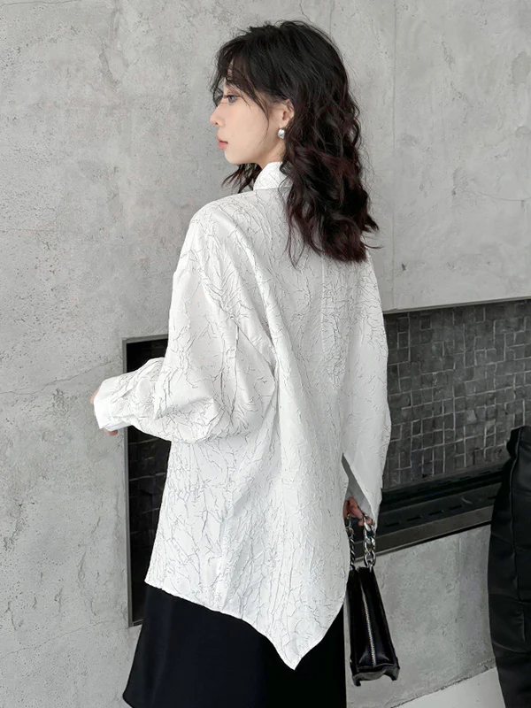 Irregularity Long Sleeves Abstract Printed Asymmetric Buttoned Wrinkled Lapel Blouses&Shirts Tops - Image 13