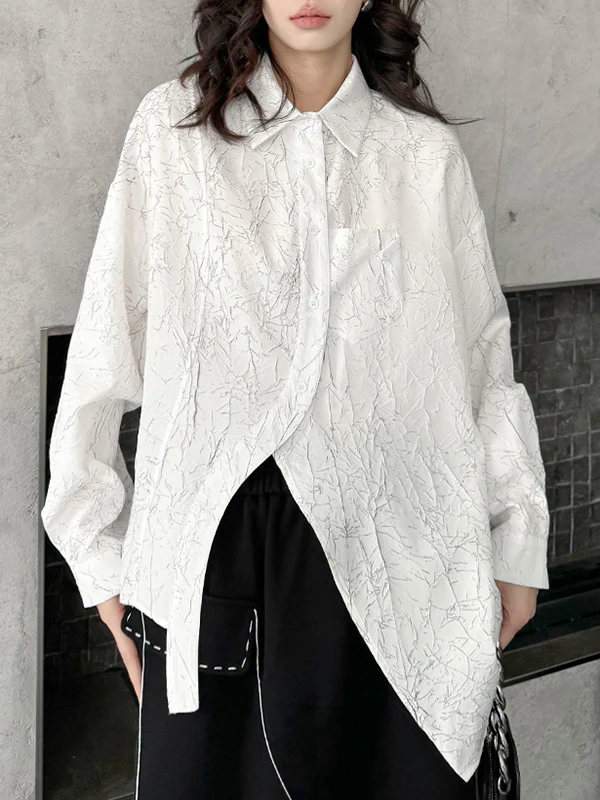 Irregularity Long Sleeves Abstract Printed Asymmetric Buttoned Wrinkled Lapel Blouses&Shirts Tops - Image 14