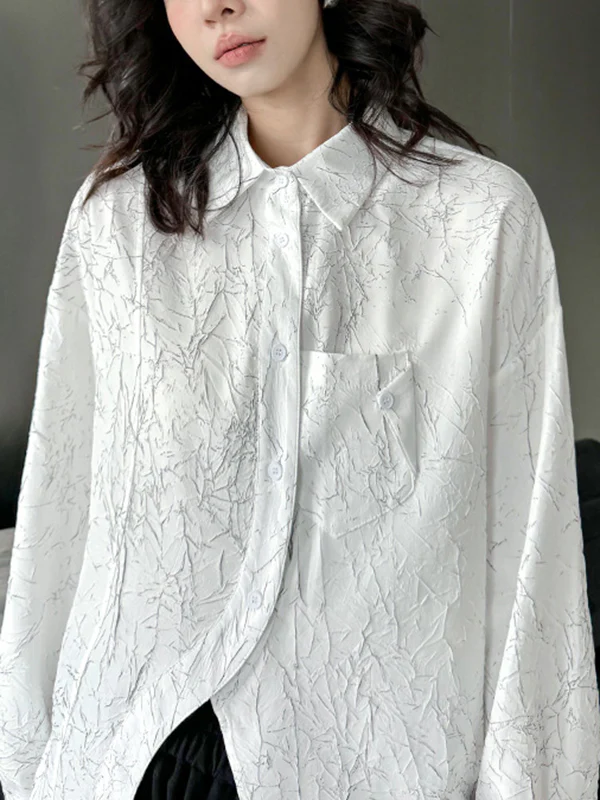 Irregularity Long Sleeves Abstract Printed Asymmetric Buttoned Wrinkled Lapel Blouses&Shirts Tops - Image 15