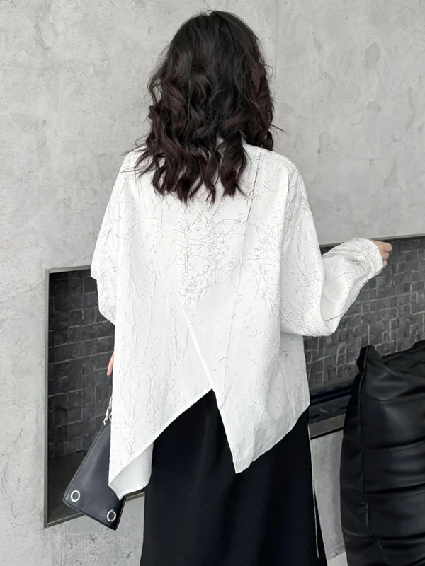 Irregularity Long Sleeves Abstract Printed Asymmetric Buttoned Wrinkled Lapel Blouses&Shirts Tops - Image 16