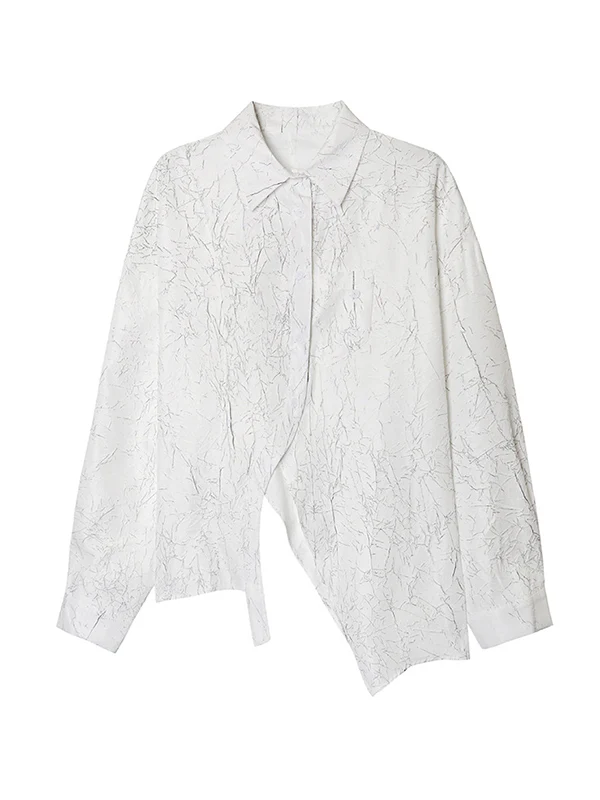 Irregularity Long Sleeves Abstract Printed Asymmetric Buttoned Wrinkled Lapel Blouses&Shirts Tops - Image 17
