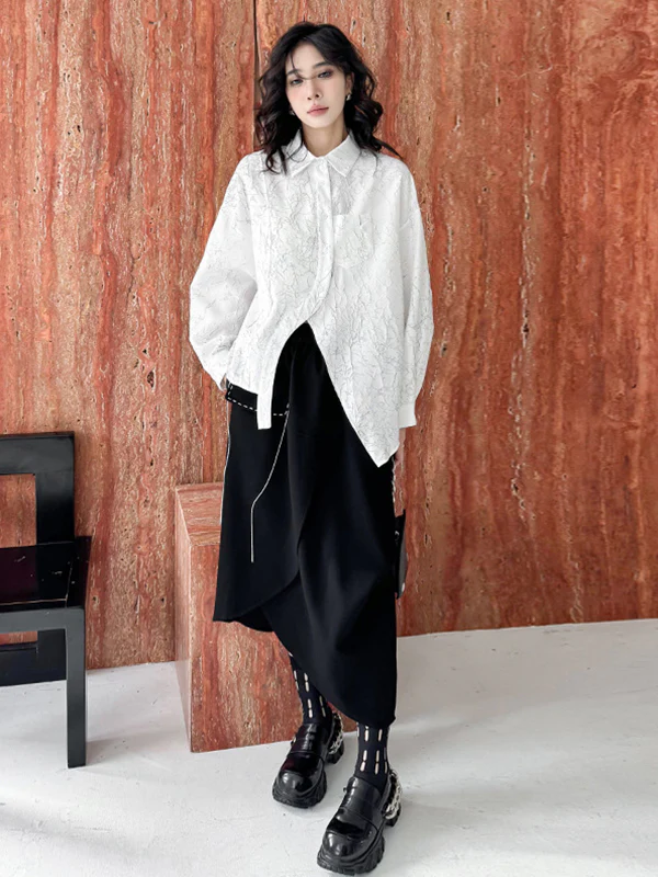 Irregularity Long Sleeves Abstract Printed Asymmetric Buttoned Wrinkled Lapel Blouses&Shirts Tops - Image 2