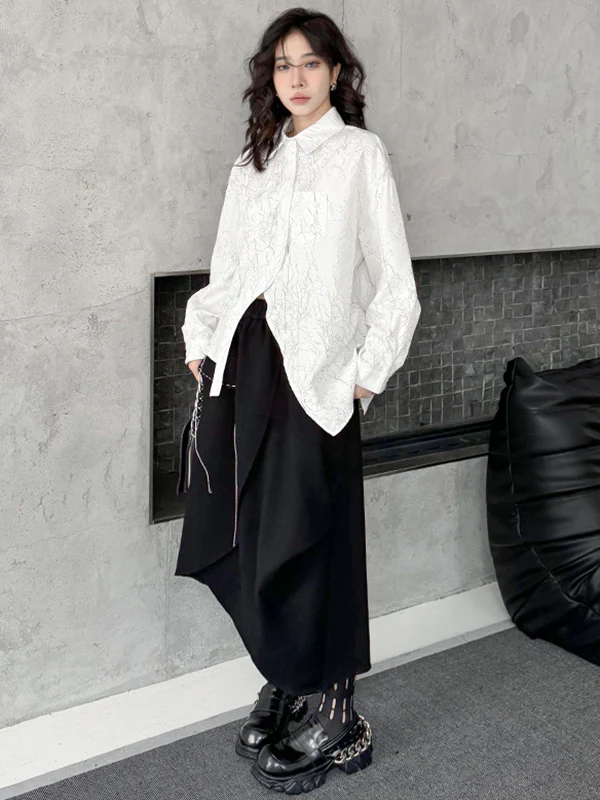 Irregularity Long Sleeves Abstract Printed Asymmetric Buttoned Wrinkled Lapel Blouses&Shirts Tops - Image 3