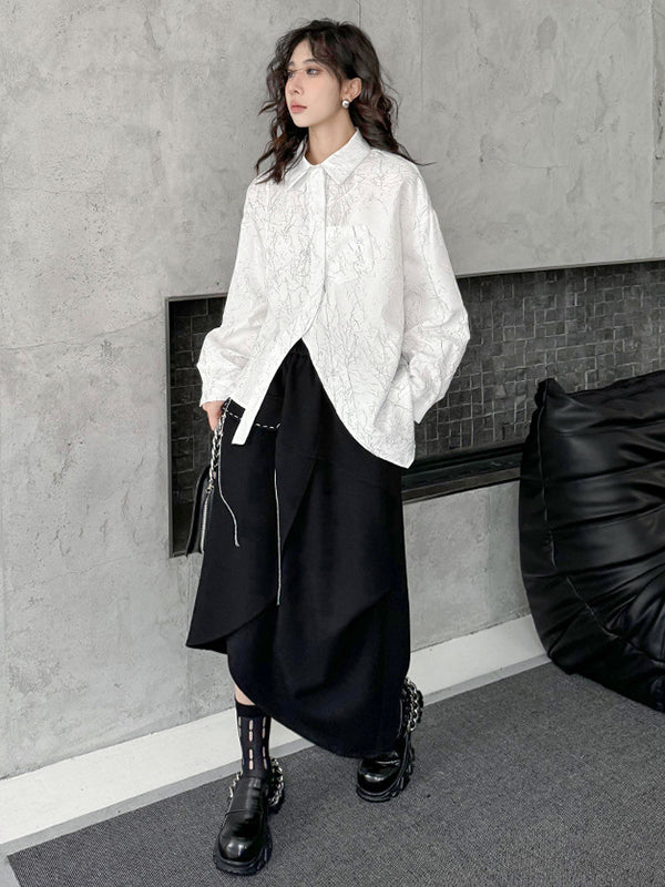 Irregularity Long Sleeves Abstract Printed Asymmetric Buttoned Wrinkled Lapel Blouses&Shirts Tops - Image 4