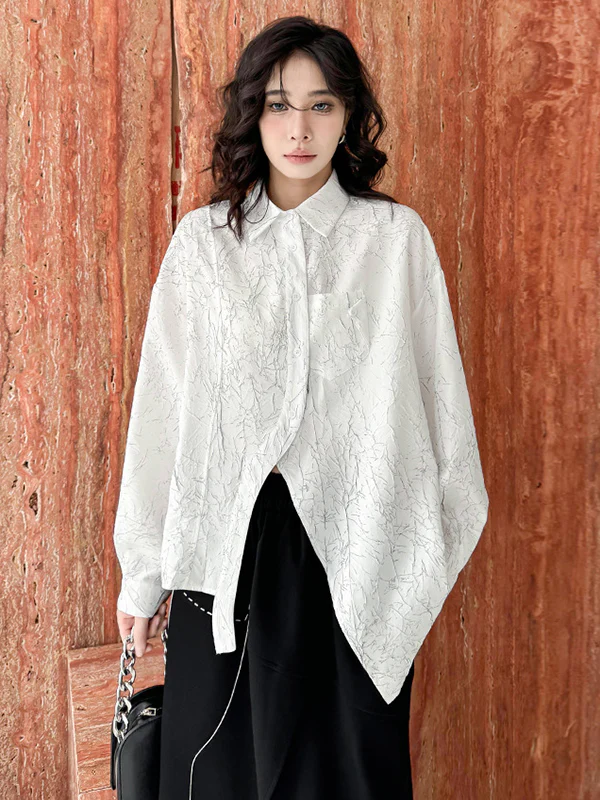 Irregularity Long Sleeves Abstract Printed Asymmetric Buttoned Wrinkled Lapel Blouses&Shirts Tops - Image 5