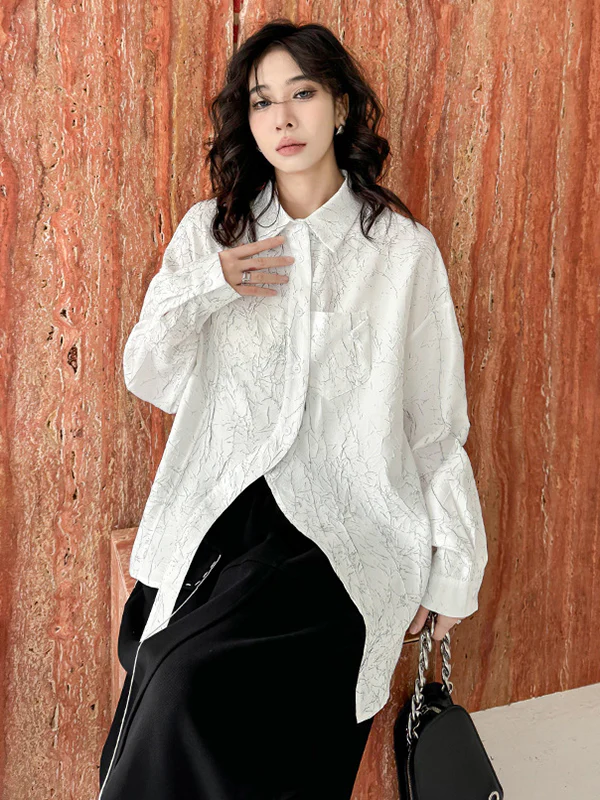 Irregularity Long Sleeves Abstract Printed Asymmetric Buttoned Wrinkled Lapel Blouses&Shirts Tops - Image 6