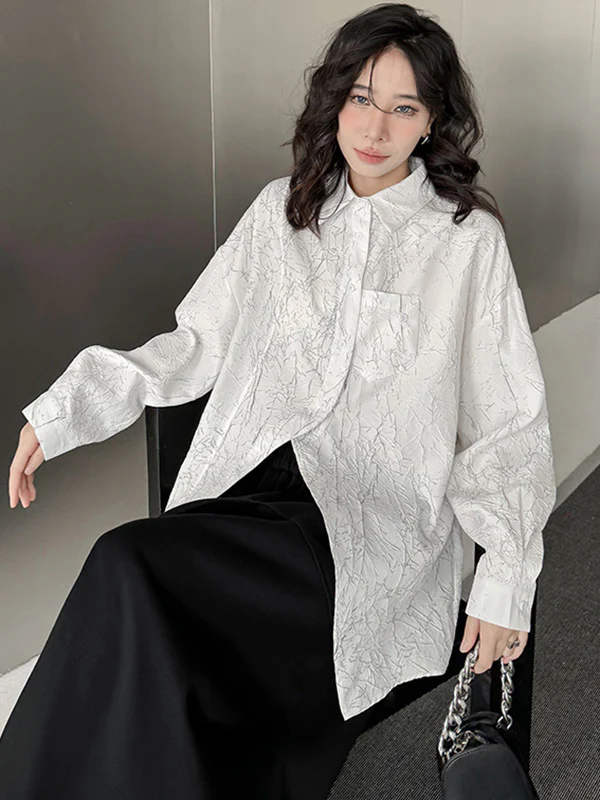 Irregularity Long Sleeves Abstract Printed Asymmetric Buttoned Wrinkled Lapel Blouses&Shirts Tops - Image 7