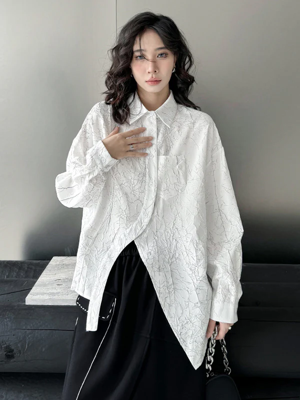 Irregularity Long Sleeves Abstract Printed Asymmetric Buttoned Wrinkled Lapel Blouses&Shirts Tops - Image 8