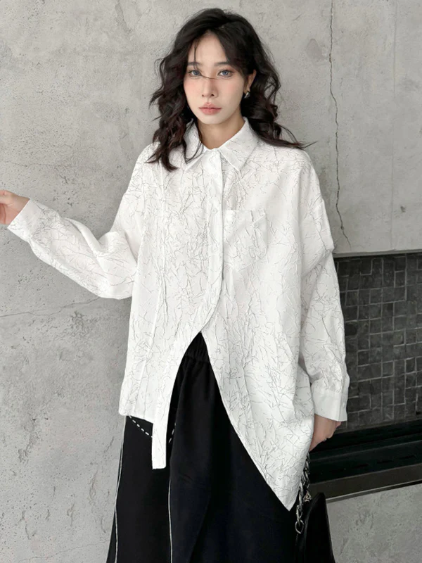 Irregularity Long Sleeves Abstract Printed Asymmetric Buttoned Wrinkled Lapel Blouses&Shirts Tops - Image 9