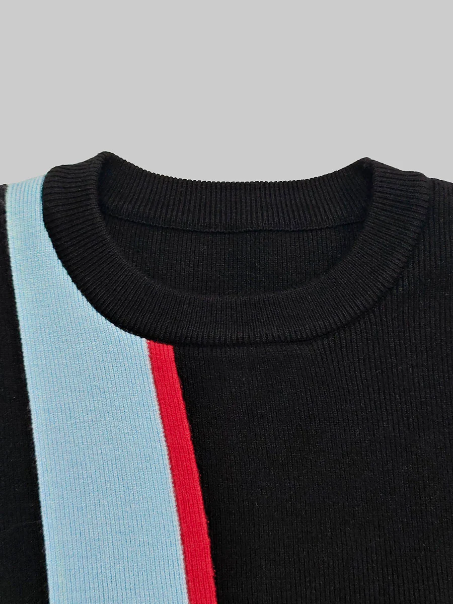 Irregularity Long Sleeves Abstract Printed Asymmetric Contrast Color Ribs Split-Joint Round-Neck Sweater Tops - Image 11
