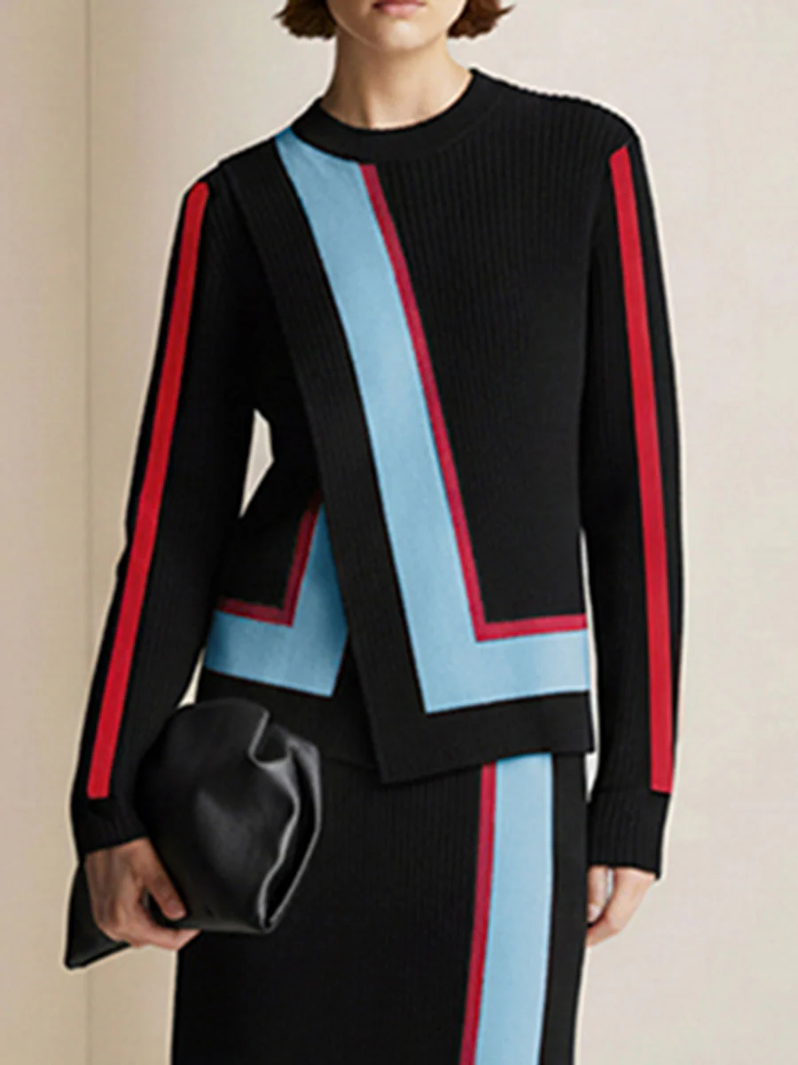 Irregularity Long Sleeves Abstract Printed Asymmetric Contrast Color Ribs Split-Joint Round-Neck Sweater Tops - Image 2