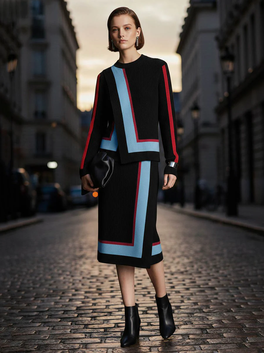 Irregularity Long Sleeves Abstract Printed Asymmetric Contrast Color Ribs Split-Joint Round-Neck Sweater Tops - Image 3