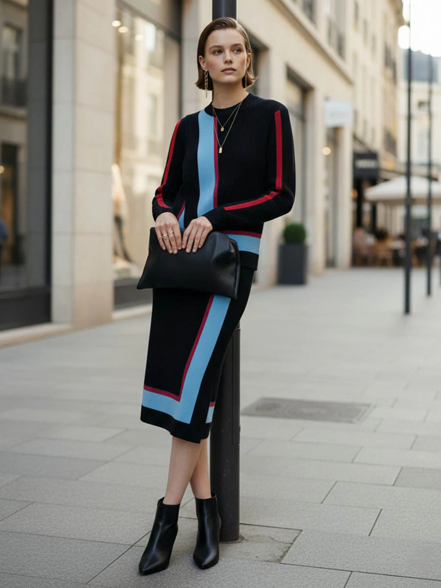 Irregularity Long Sleeves Abstract Printed Asymmetric Contrast Color Ribs Split-Joint Round-Neck Sweater Tops - Image 4