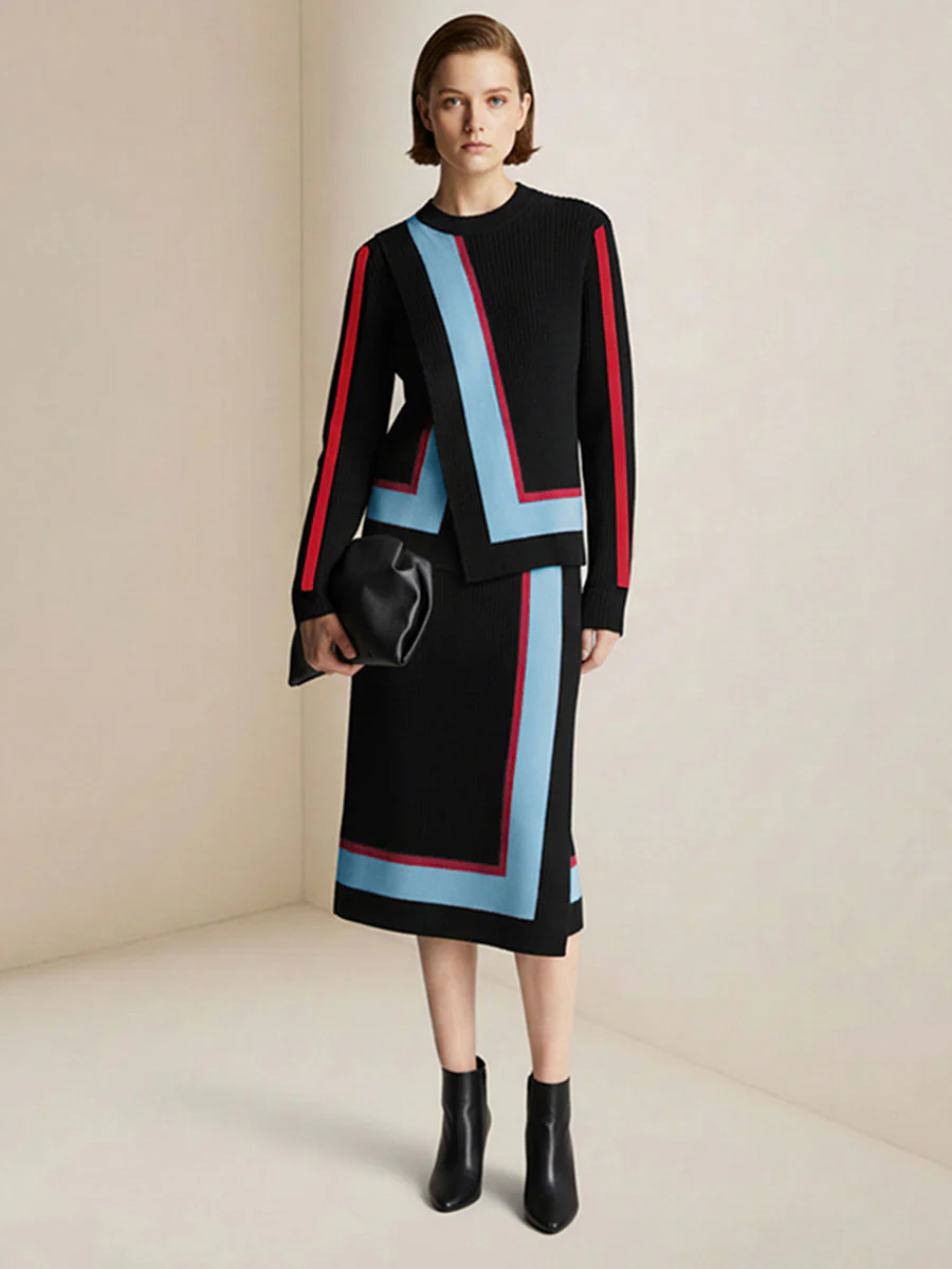 Irregularity Long Sleeves Abstract Printed Asymmetric Contrast Color Ribs Split-Joint Round-Neck Sweater Tops - Image 6