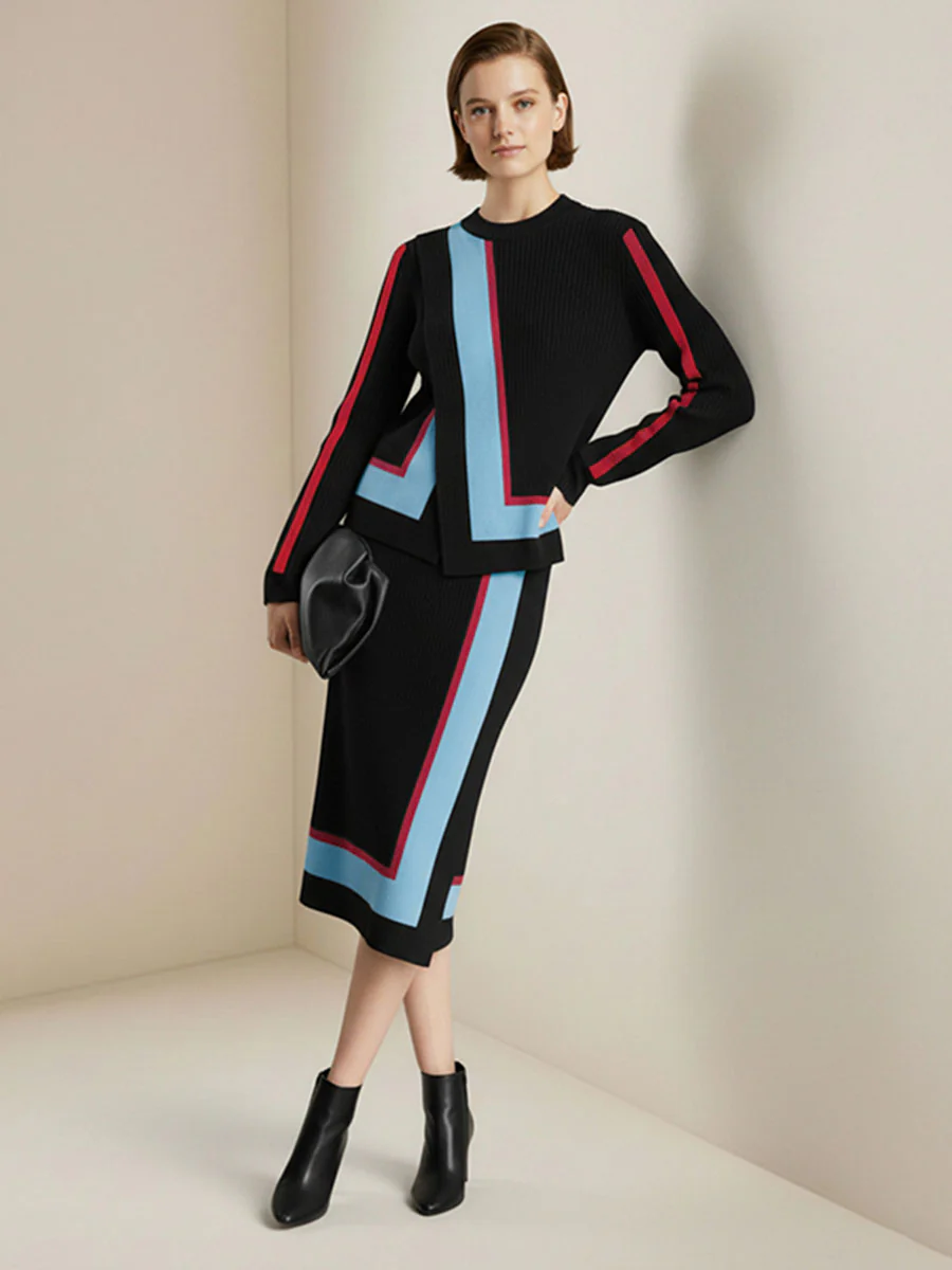 Irregularity Long Sleeves Abstract Printed Asymmetric Contrast Color Ribs Split-Joint Round-Neck Sweater Tops - Image 7