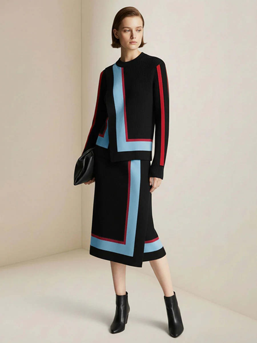 Irregularity Long Sleeves Abstract Printed Asymmetric Contrast Color Ribs Split-Joint Round-Neck Sweater Tops - Image 8
