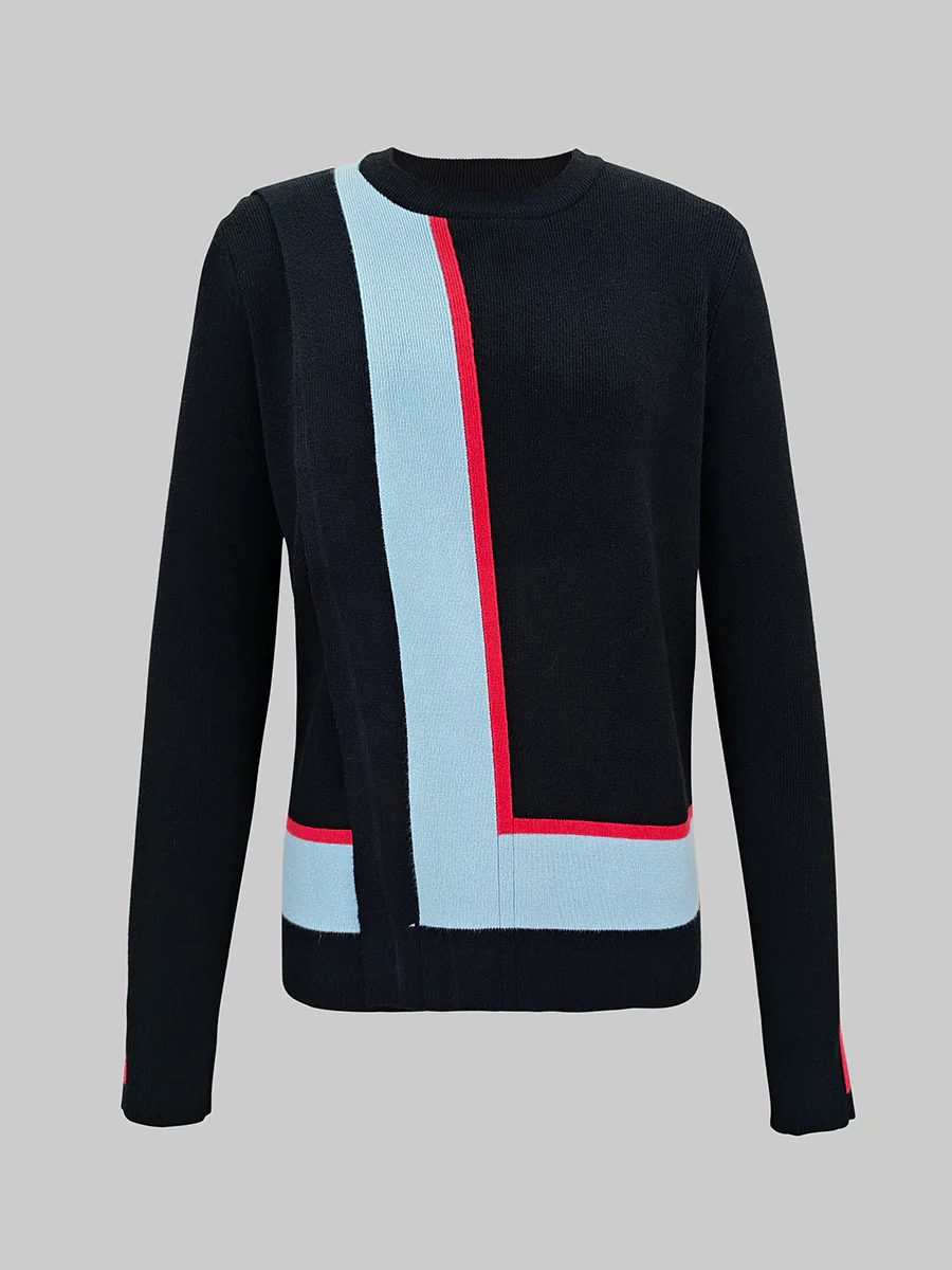 Irregularity Long Sleeves Abstract Printed Asymmetric Contrast Color Ribs Split-Joint Round-Neck Sweater Tops - Image 9