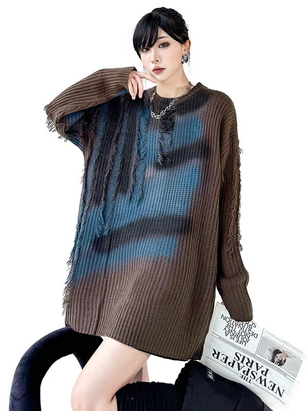 Irregularity Long Sleeves Abstract Printed Asymmetric Contrast Color Split-Joint Tasseled Round-Neck Sweater Tops - Image 10