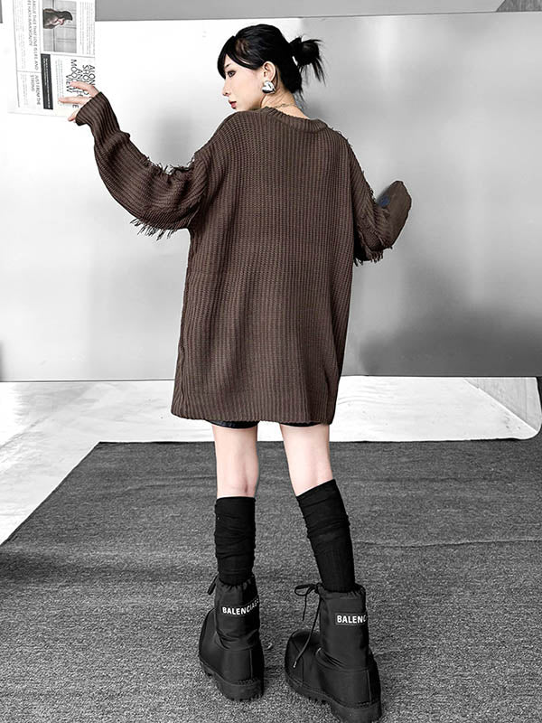 Irregularity Long Sleeves Abstract Printed Asymmetric Contrast Color Split-Joint Tasseled Round-Neck Sweater Tops - Image 12