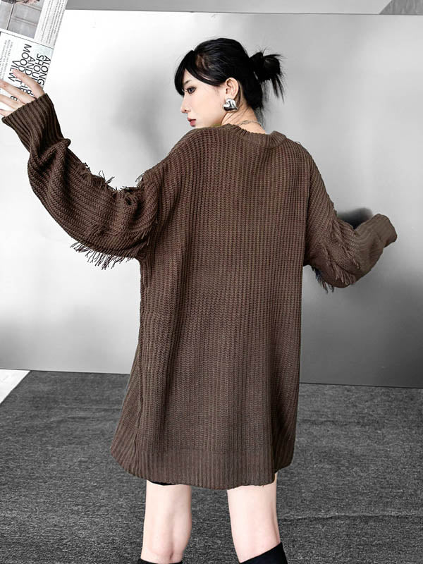 Irregularity Long Sleeves Abstract Printed Asymmetric Contrast Color Split-Joint Tasseled Round-Neck Sweater Tops - Image 13