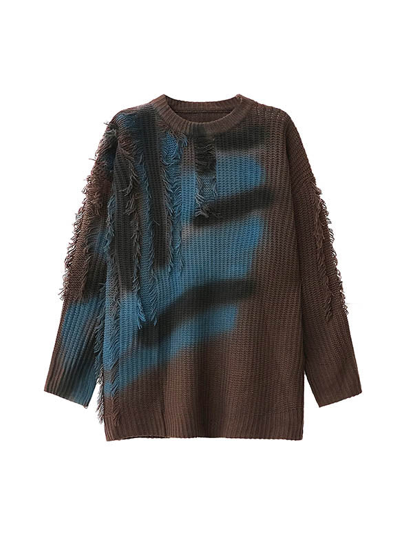 Irregularity Long Sleeves Abstract Printed Asymmetric Contrast Color Split-Joint Tasseled Round-Neck Sweater Tops - Image 14