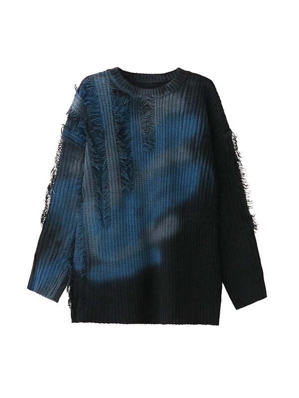 Irregularity Long Sleeves Abstract Printed Asymmetric Contrast Color Split-Joint Tasseled Round-Neck Sweater Tops - Image 15