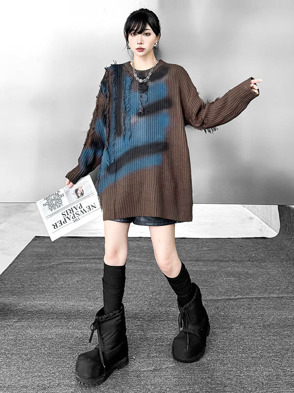 Irregularity Long Sleeves Abstract Printed Asymmetric Contrast Color Split-Joint Tasseled Round-Neck Sweater Tops - Image 2