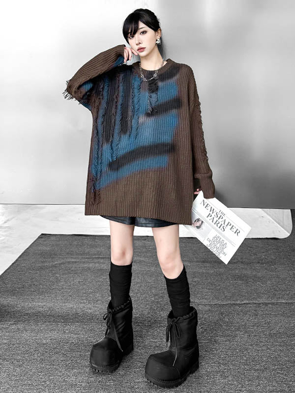Irregularity Long Sleeves Abstract Printed Asymmetric Contrast Color Split-Joint Tasseled Round-Neck Sweater Tops - Image 3