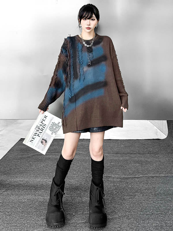 Irregularity Long Sleeves Abstract Printed Asymmetric Contrast Color Split-Joint Tasseled Round-Neck Sweater Tops - Image 4