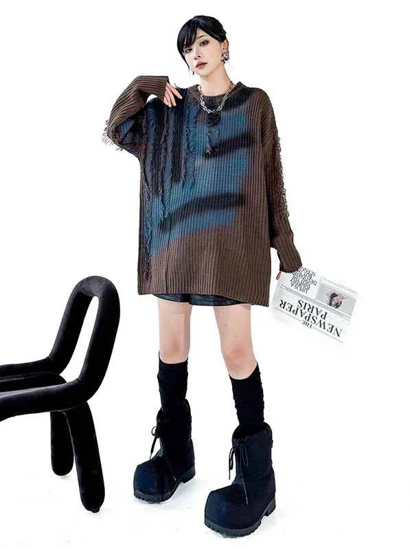 Irregularity Long Sleeves Abstract Printed Asymmetric Contrast Color Split-Joint Tasseled Round-Neck Sweater Tops - Image 5